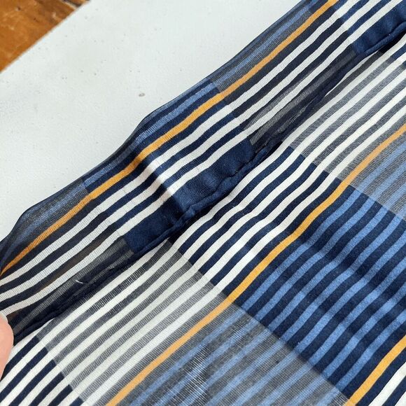 Vintage 1970s Sheer Striped Square Scarf in Blue & Gold Geometric Print 20x20 - Picture 5 of 9